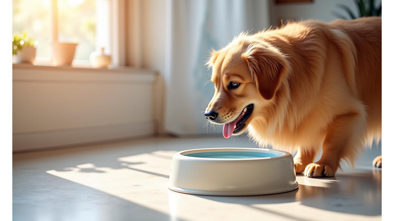 A golden retriever happily eating from a stylish, modern dog bowl on a clean kitchen floor, with sunlight streaming in.