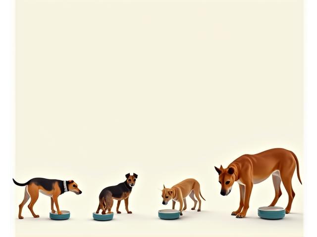 A collage of different dog breeds and sizes with various dog bowls demonstrating size appropriateness.