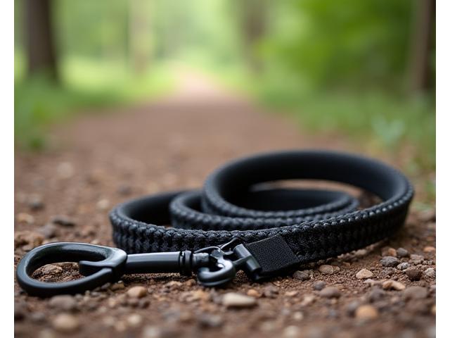 A strong, black anti-pull dog leash with a comfortable padded handle and a sturdy swivel clip, designed for large dogs. The leash shows a unique no-tangle design. Photographed against natural outdoor elements like a forest path, hinting at adventure.