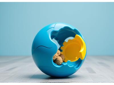 Interactive treat-dispensing puzzle ball on a clean floor.